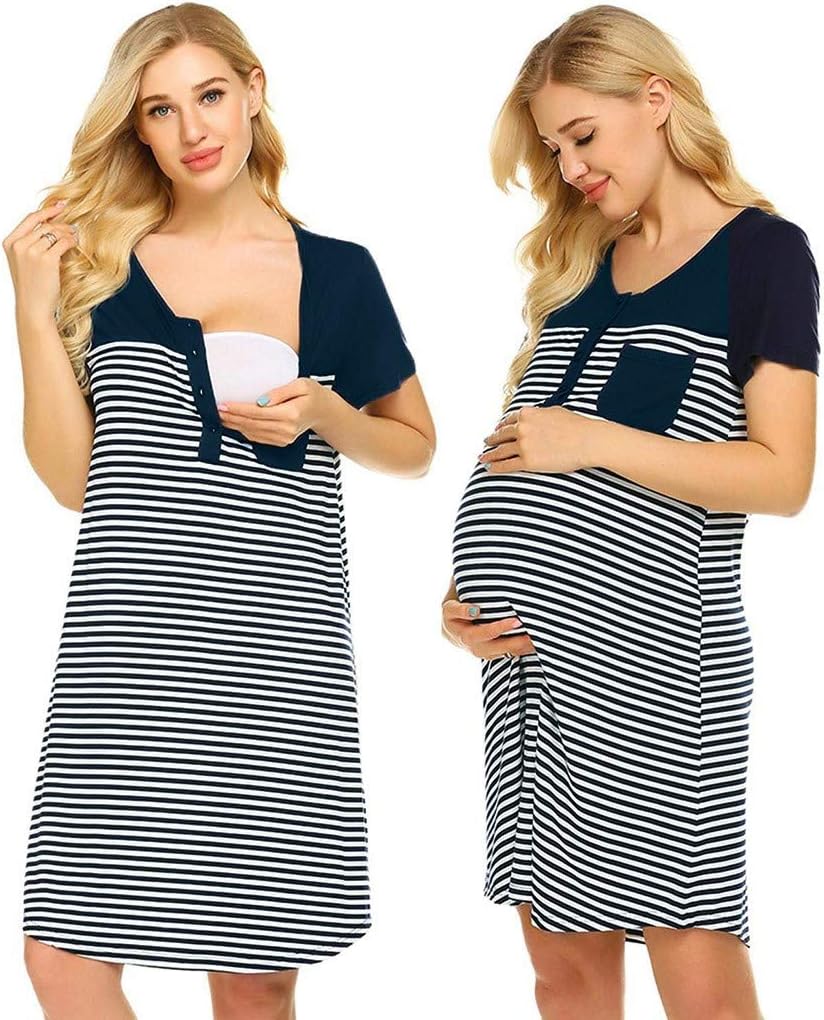 Yuelie Maternity Casual Stripe Pocket Nursing Dress for Breastfeeding Pregnant Women Summer Short Sleeve Nightdress Shirt Gown