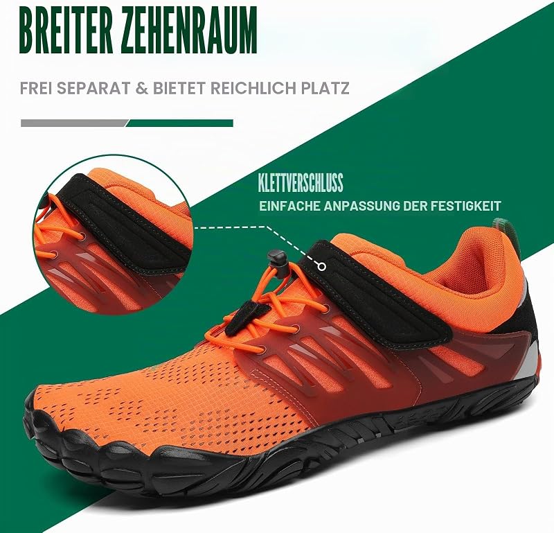 Barfußschuhe Herren Barfussschuhe Damen Barfuss Schuhe Zehenschuhe Outdoor Fitnessschuhe rutschfest Traillaufschuhe Barefoot Shoes mit Zero-Drop Solhe Dunkelorange, Gr.42 EU
