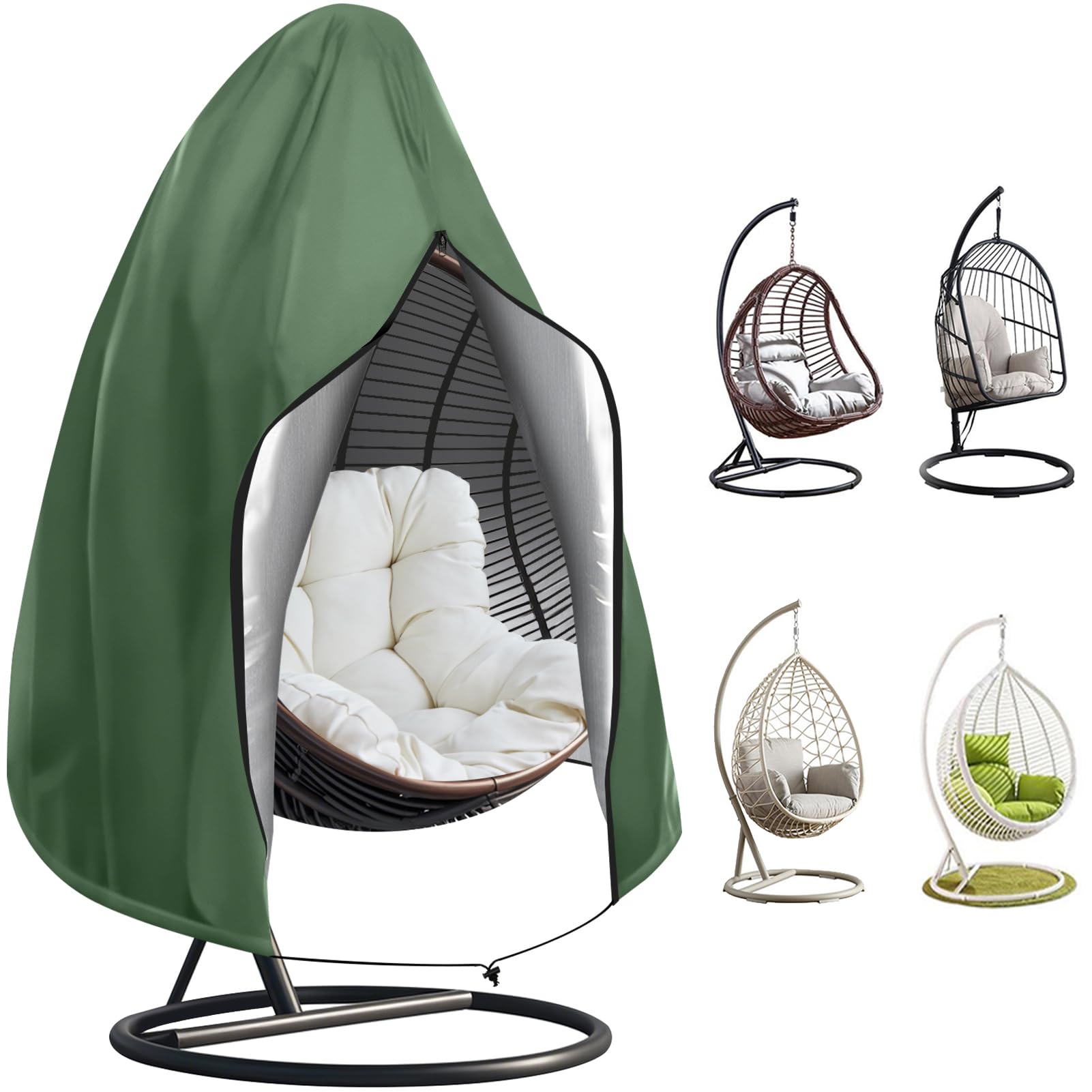 Teynewer Patio Hanging Egg Chair Cover, Outdoor Single seat Cocoon Swing Egg Chair Cover Waterproof with Zipper, 210D Heavy Duty Veranda Garden large Cover for egg chair on stand 190 x 115 cm, Green