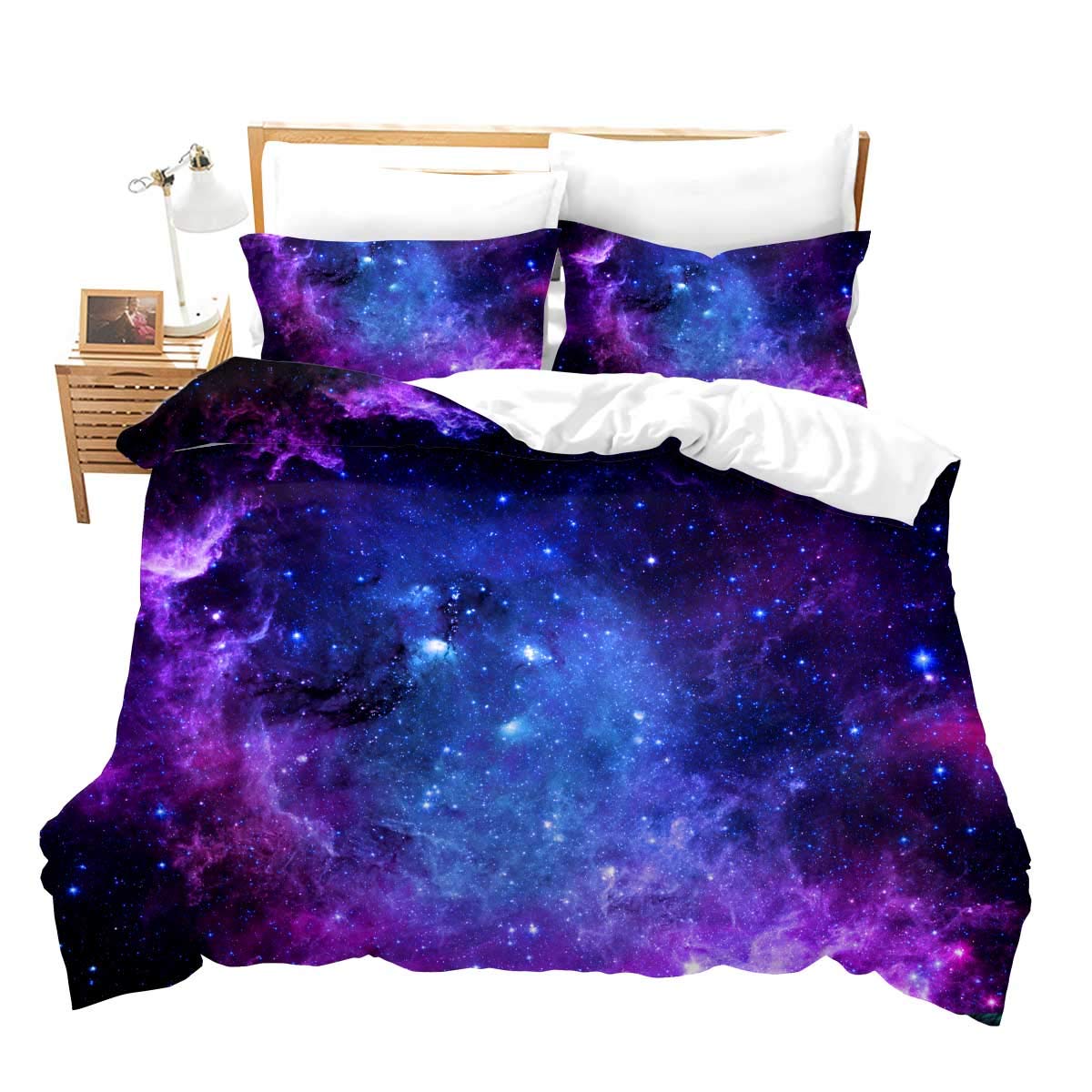 Loussiesd Galaxy Duvet Cover Set Single for Girls Boys Kids Starry Sky Bedding Set Bright Blue Purple Comforter Cover with 1Pillow Shams Zipper Ultra Soft Microfiber Stars Bedspread Cover