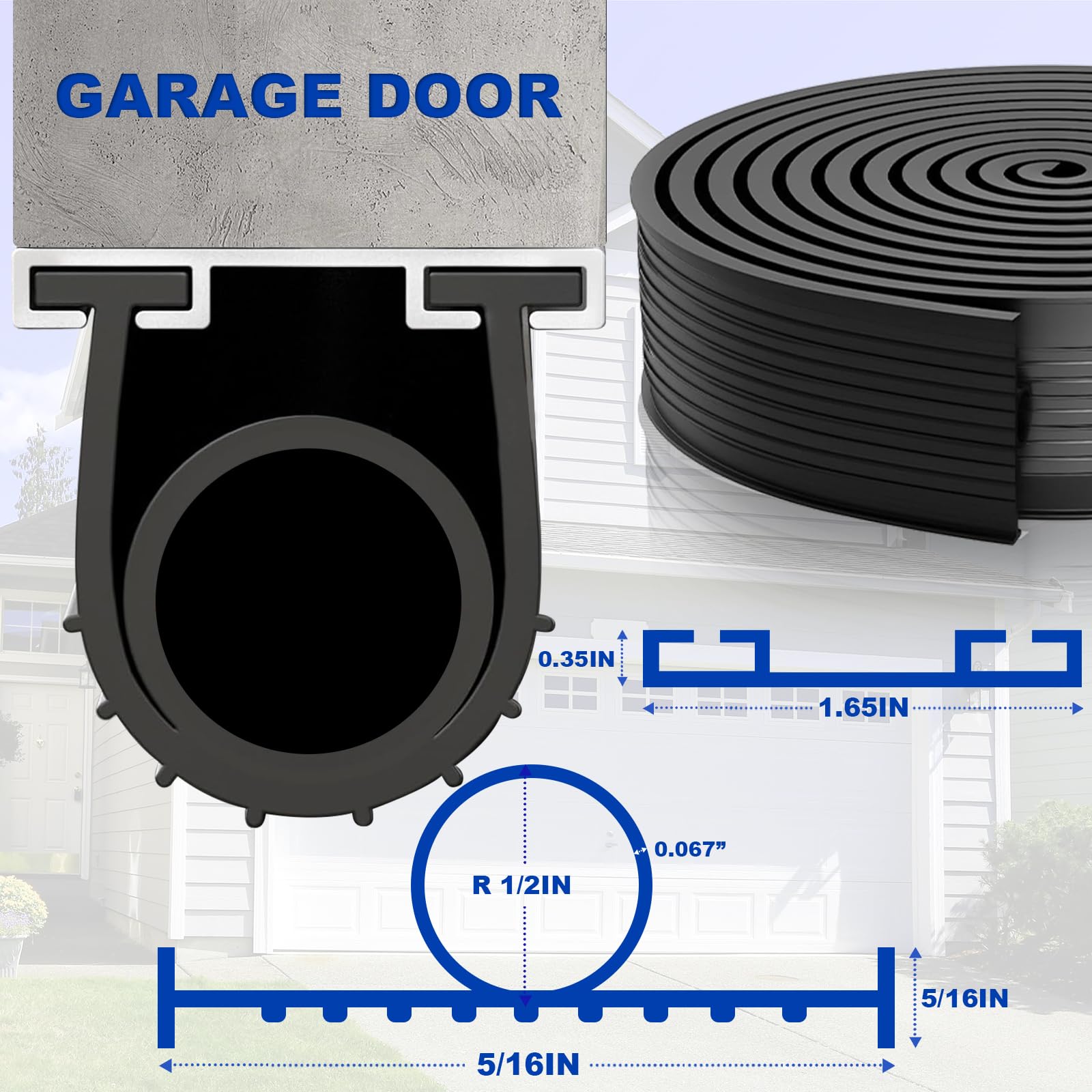 DGSL Garage Door Seals Bottom Rubber Weather Stripping Kit Seal Strip Replacement, Universal Weatherproof Threshold Buffering Sealing Rubber 5/16 Inch T Ends (20 Ft, Black)