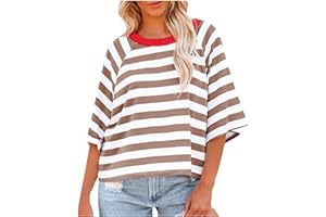 LIKEOULI Womens Summer Tops Striped Color Block Short Sleeve Crewneck Shirt Y2k Tops 2024 Oversized Tshirts for Women