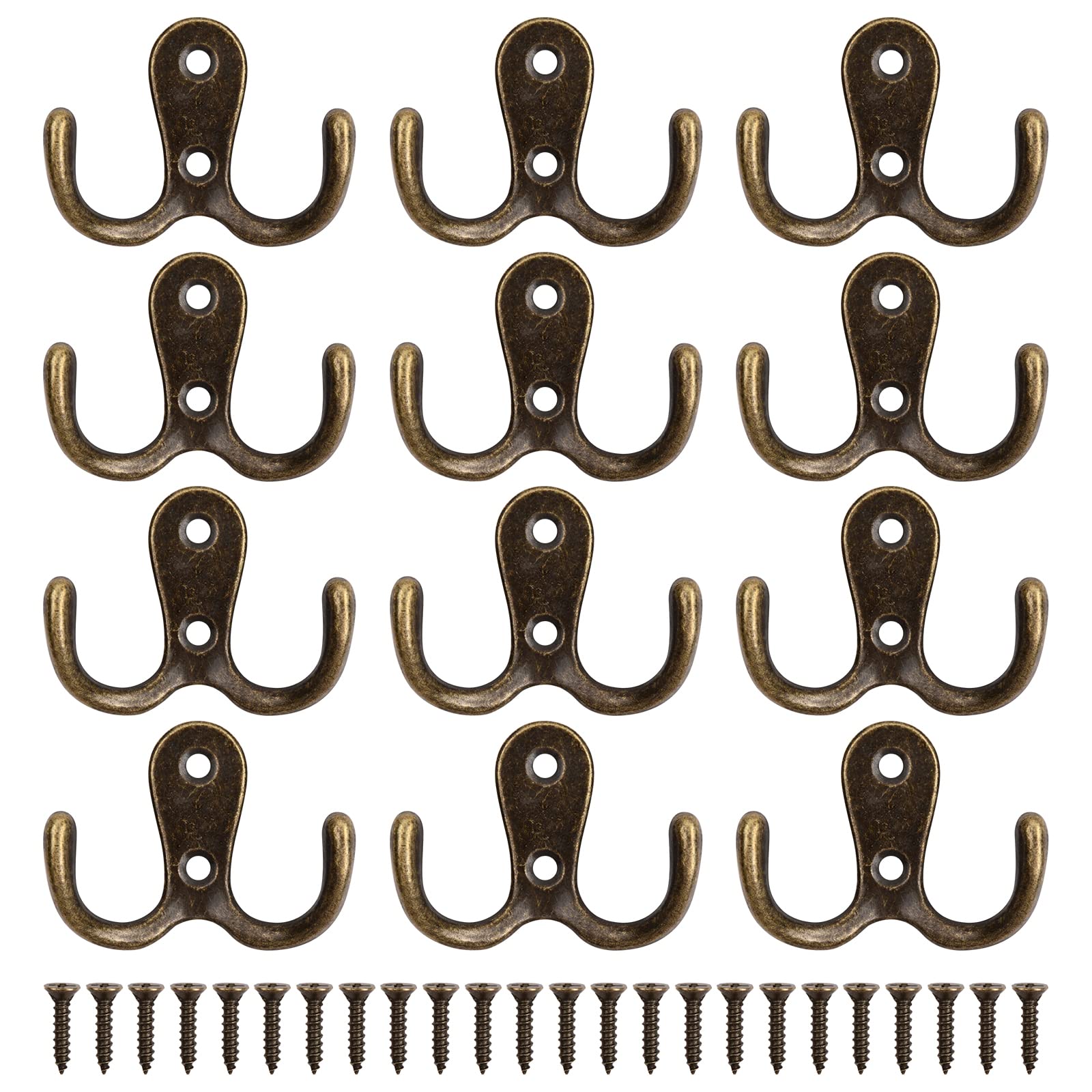 12 Pcs Heavy Duty Metal Hooks With 24 Screws for Door & Wall - Vintage Double Coat Hooks for Hanging Robe, Towel, Hat, Bag - Bedroom Bathroom Wall Hooks, Bronze