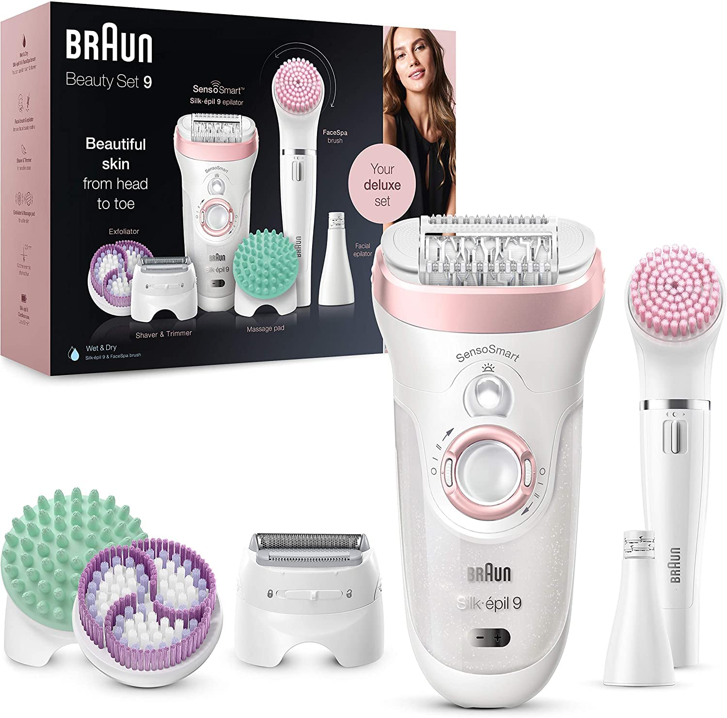Braun Silk-épil Beauty Set 9 9-985 Deluxe 7-in-1 Cordless Wet & Dry Hair Removal - Epilator, Shaver, Exfoliator, Cleansing Kit for Face & Body, White/Pink
