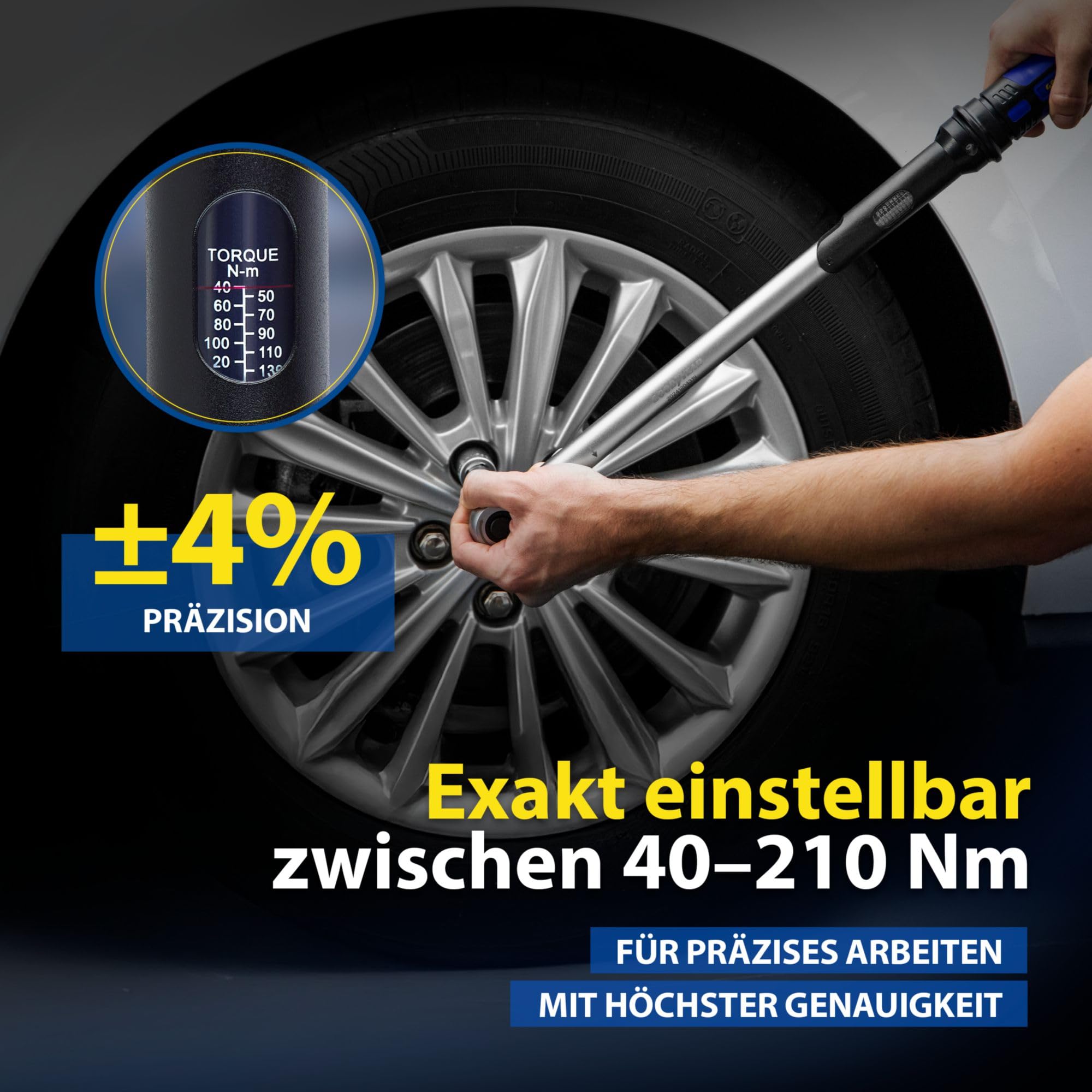 Goodyear Premium Drehmomentschlüssel, Einstellbar von 42 bis 210 Nm, Antrieb 1/2" Vierkant, inkl. Verlängerung und Stecknüsse 17 mm und 19 mm, Blau, Schwarz, Silber 3
