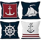 HUYAW Navy Blue Nautical Ocean Boat Anchor Throw Pillow Covers, Ship Nautical Gifts, Boat Pillow Cases 18 x 18 Inch Home Ship Sofa Decor Set of 4