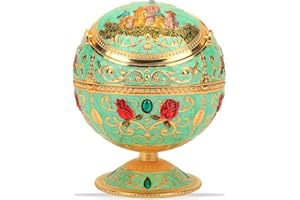 LAUYOO Windproof Ashtray with Lid for Cigarettes Metal Portable Cigar Ashtray Odor Eliminator for Indoor outdoor Hand Stamped Rose Pattern with Sparkle Fancy Gift for Men Women(Jade-green)
