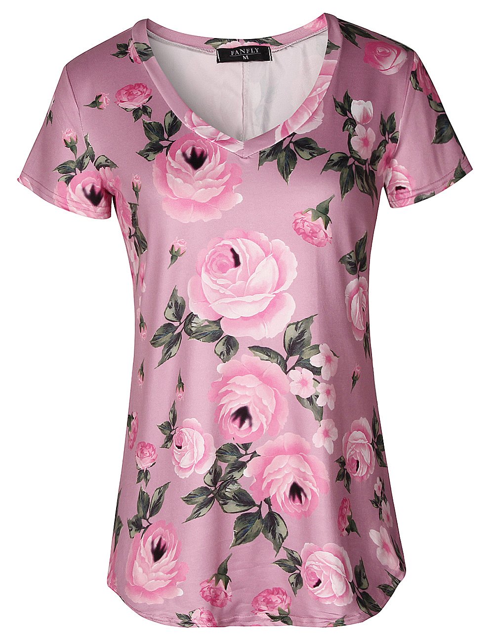 V-Neck Floral Printed Tunic Tops Flowers Patterned Casual Short Sleeve Blouse for Women (M, Pink)