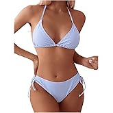 SweatyRocks Women's 2 Piece Bikini Set Striped Halter Triangle Swimsuit Backless High Cut Cheeky Bathing Suit