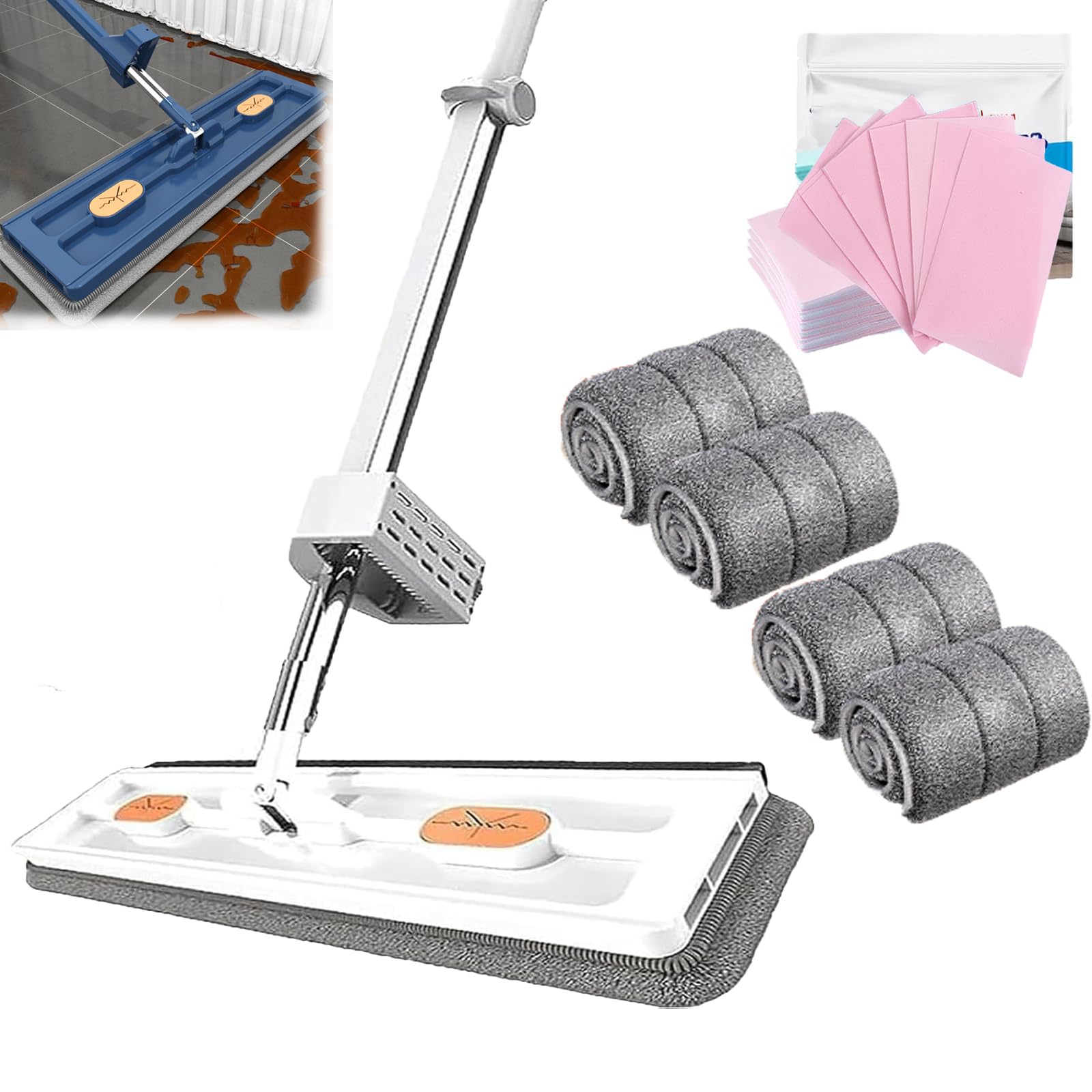 Photo 1 of 360° Rotatable Cleaning Large Flat Mop Portable, with 6 Reusable Microfiber Pads, Adjustable Stainless Steel Long Handle,Independent Drainage Scraper (White+4 Pads)