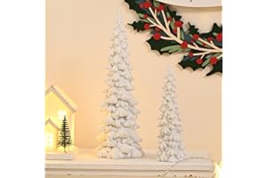AOMOONOA Resin White Christmas Tree Figurines, 2Pcs Small Christmas Tree for Tabletop, Decorative Christmas Tree Set with Glitter, Mini Xmas Trees for Mantle Indoor Decor, DIY Winter Village
