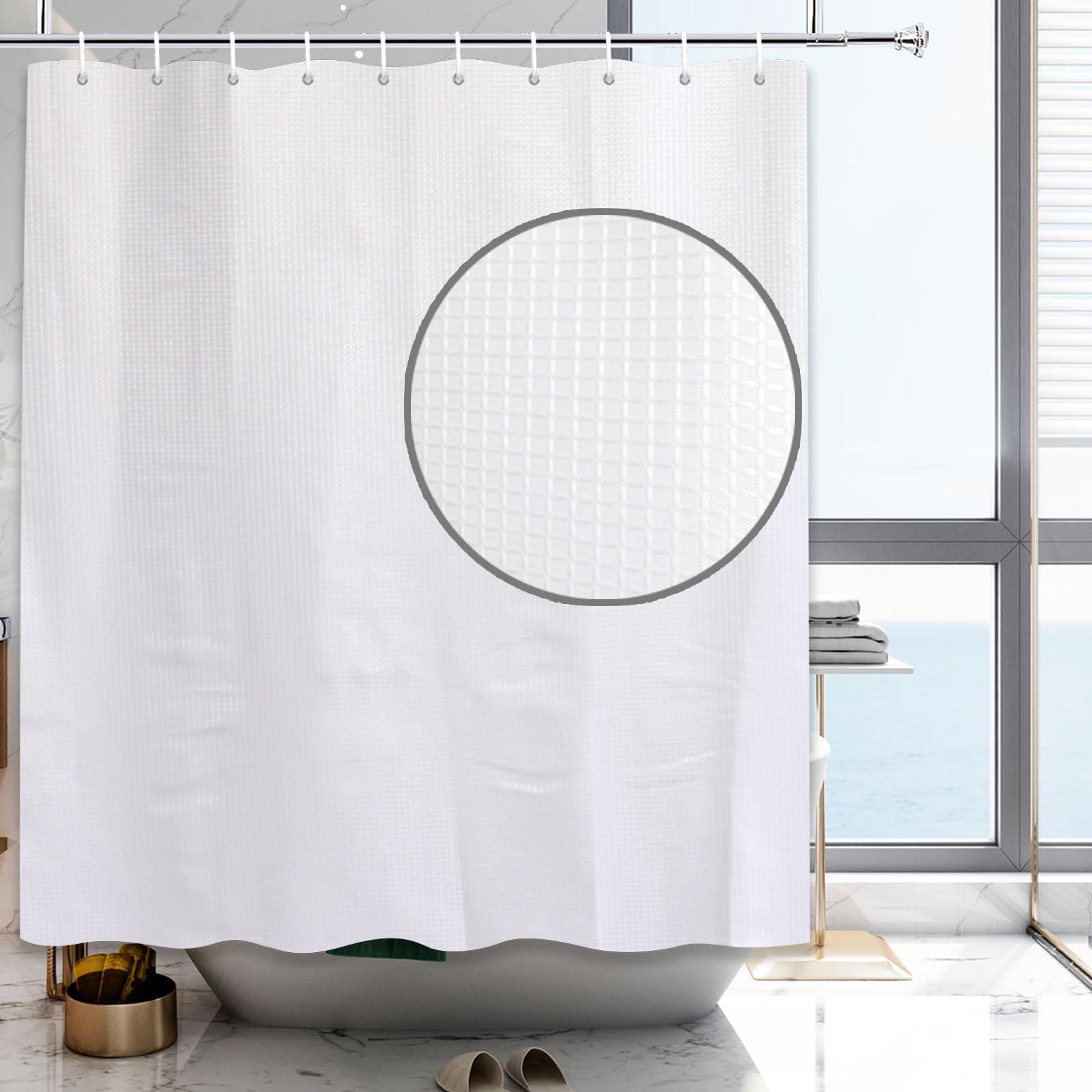 YISURE White Waffle Shower Curtain 180x180cm (71"x71"), Fabric, Waterproof With Hooks — image 1