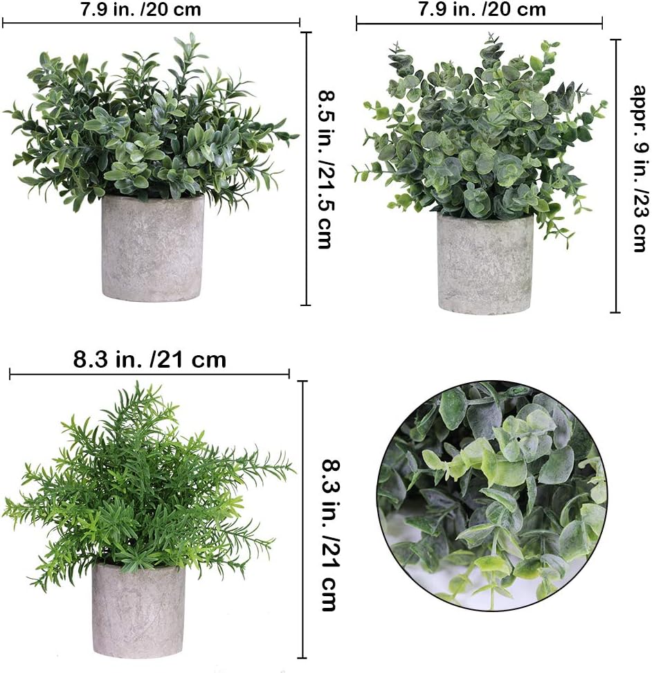 Winlyn Mini Potted Plants Artificial Eucalyptus Boxwood Rosemary Greenery in Pots Faux Potted Herbs Small Houseplants 8.3"-9" Tall for Indoor Greenery Tabletop Décor Centerpiece 3 Pack -