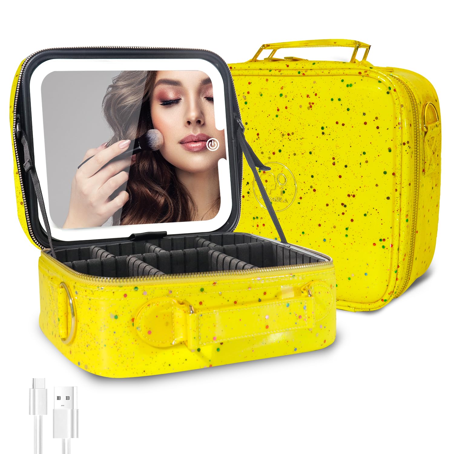 MOMIRA Travel Makeup Bag Cosmetic Bag with Lighted Mirror, Adjustable Brightness in 3 Color Scenarios/Detachable makeup mirror, 2024-All-round Upgrade, Waterproof, Gift for Women -Glett Yellow Image