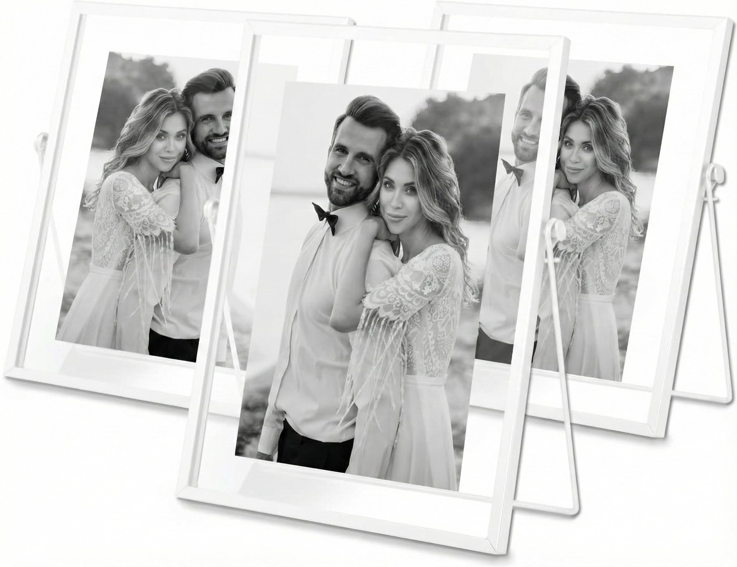 Photo 1 of 3-Pack Floating Picture Frames for 4x6 Photos (Real Glass Size 6x8), Metal & Glass Geometric Photo Display with Anti-Slip Silicone Grip, Vertical Tabletop Frame for Weddings, Pressed Flowers, White