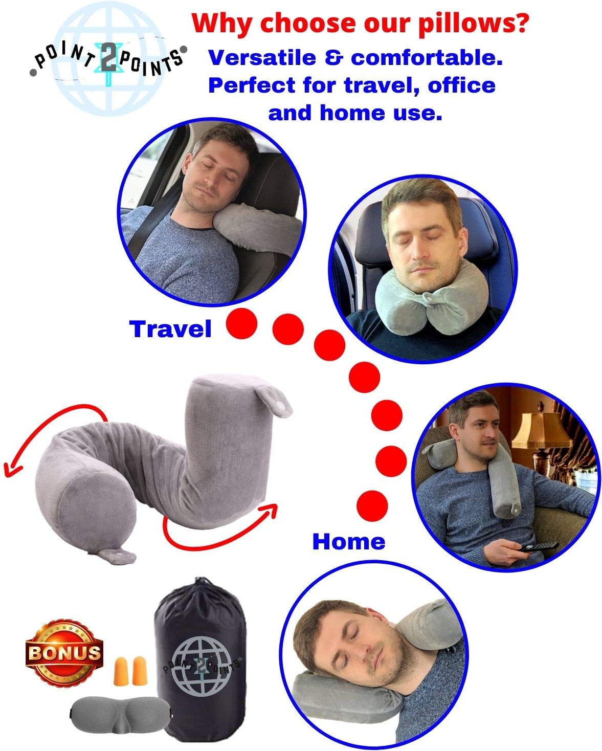 Travel Pillow - Twist, Memory Foam Travel Pillow - Head, Chin, Neck Support Flight Pillow - Best for Long Travels on Airplane, Car, Bus or Home - Complete Set with Sleep Mask, Earplugs and Storage Bag: Home & Kitchen