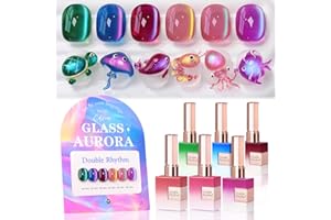 Double Rhythm Cat Eye Gel Nail Polish Set of 6 Same Color Same Bottle 0.5 Oz Shimmer Glitter with Magnet Holographic Reflective Magnetic UV Nail Polish Kit at Home (Glass Galaxy Green-T6-59)