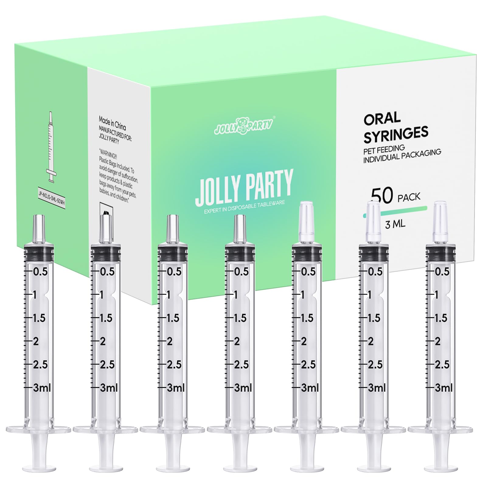 Photo 1 of JOLLY PARTY 50 Pack 3ml Syringes with Caps, 3cc Syringe Needleless, Small Oral Syringe with Tip Cap Individually Wrapped for Scientific Labs, Liquid Measuring, Pet Feeding, Oil & Glue Dispenser