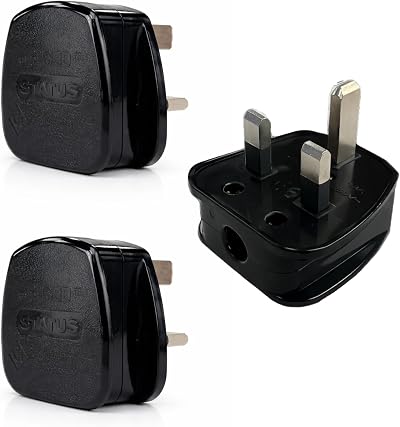 Status 13A 3‑Pin Black Plug Tops Pack of 3 BS1363 CE Certified Cord Grip
