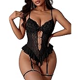 CHALOVELO Sexy Lingerie for Women Lace Floral Teddy Bodysuit – Deep V Underwire Babydoll with Garter Belt & Ruffled Hem