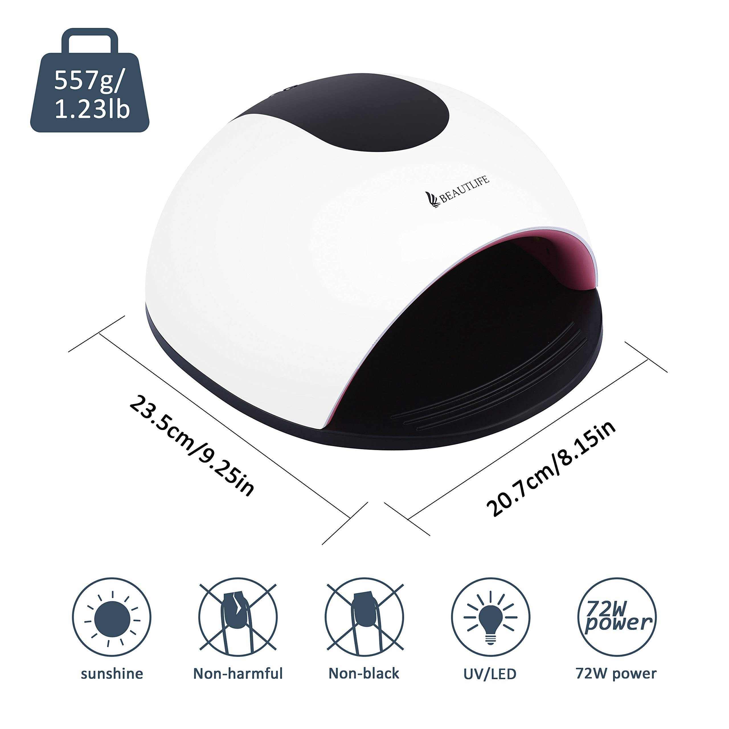 Sèche Ongles 72W Lampe UV LED Ongles Gel, Séchoir à Ongles Machine Semi Permanent avec Minuterie de 10s/ 30s/ 60s/ 120s, Capteur Automatique Intelligente et Écran LCD pour Tous les Gels (Blanc)