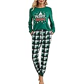 difficort Womens Christmas Pajama Sets Long Sleeve Pjs Plaid Pants 2 Piece Sleepwear with Pockets