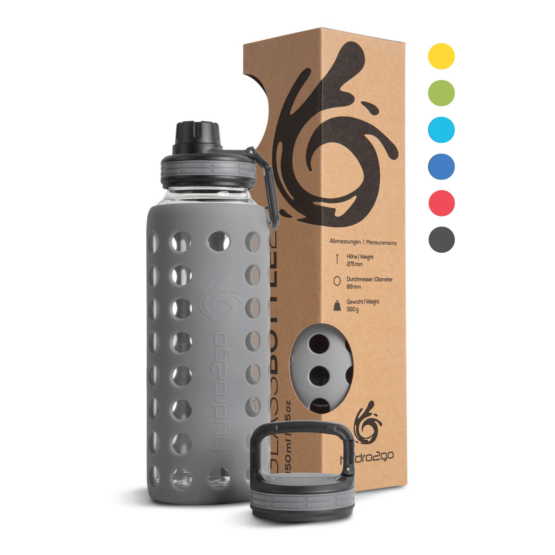 hydro2go Glass Water Bottle with Silicone Sleeve – 100% Leak-Proof, BPA-Free, Dishwasher Safe, 2 Replaceable Lids – Perfect for Office, Fitness, Yoga, Sports & Outdoors (Stone Grey 2.0) – 950 ml