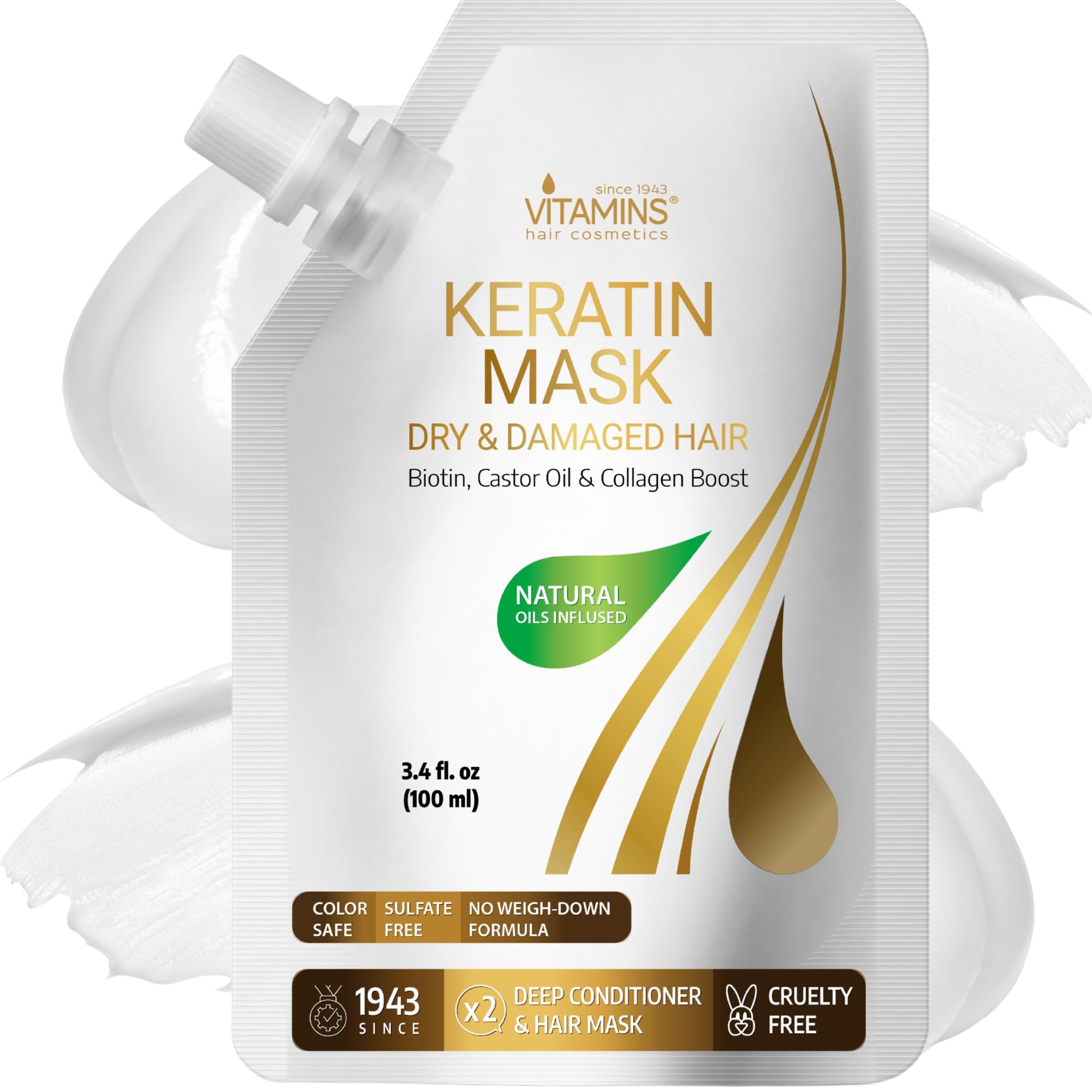 VITAMINS Hair Cosmetics Keratin Hair Mask for Damaged Hair - Protein Keratin Treatment Deep Conditioner for Dry Locks - Collagen Biotin & Castor Oil Repair Dryness & Enhance Shine - 100 ML — image 1