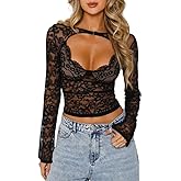Yousify Womens Lace Long Sleeve Tops Sexy Sheer See Through Fitted Y2k Going Out Shirt Tops