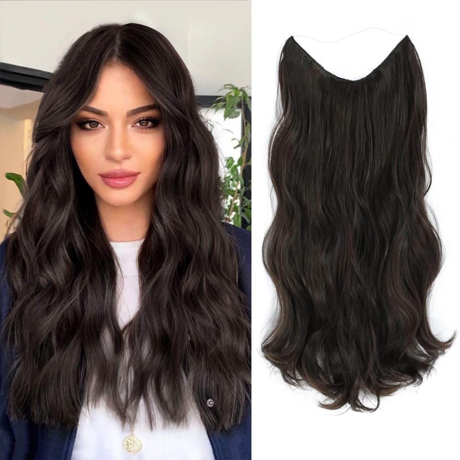 Ms TAj Natual Dark Brown Halo Hair Extensions 16 inch with Adjustable Size Removable Clips Invisible Secret Synthetic Curly Hairpiece for Women…