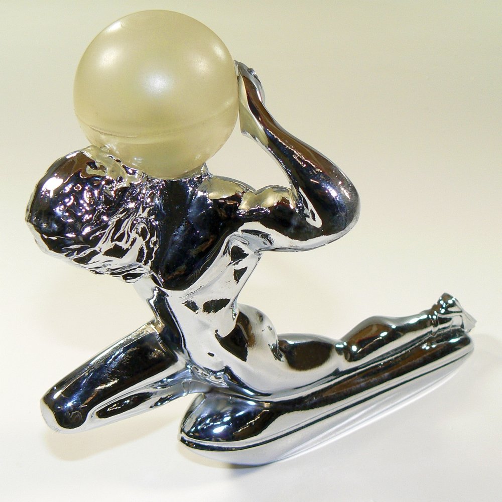 Chrome Plated Mighty Atlas Hood Ornament With Illuminated Plastic Globe