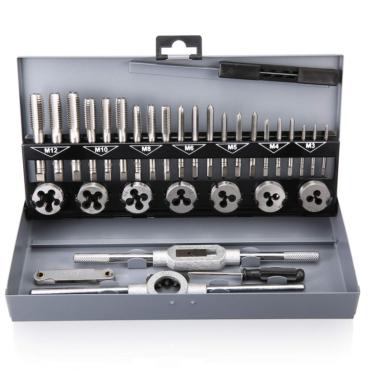32Pcs Tap and Die Set Metric Hardened Steel Combination Garage Tool Kit with Box