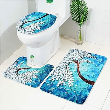 Amazon De Knbob Badteppich 3er Set Geschnitzte Blume Blau Badezimmerteppich Set 3 Teilig Fur Hange Wc 44x75cm