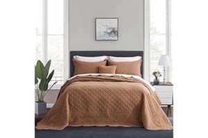 HZ & HY Oversized Queen Bedspread - Shabby Chic Rustic Look - Enzyme Washed, Ultra Soft & Lightweight, Reversible, Cotton/Polyester, 5 Piece, Queen, Toasted Nut