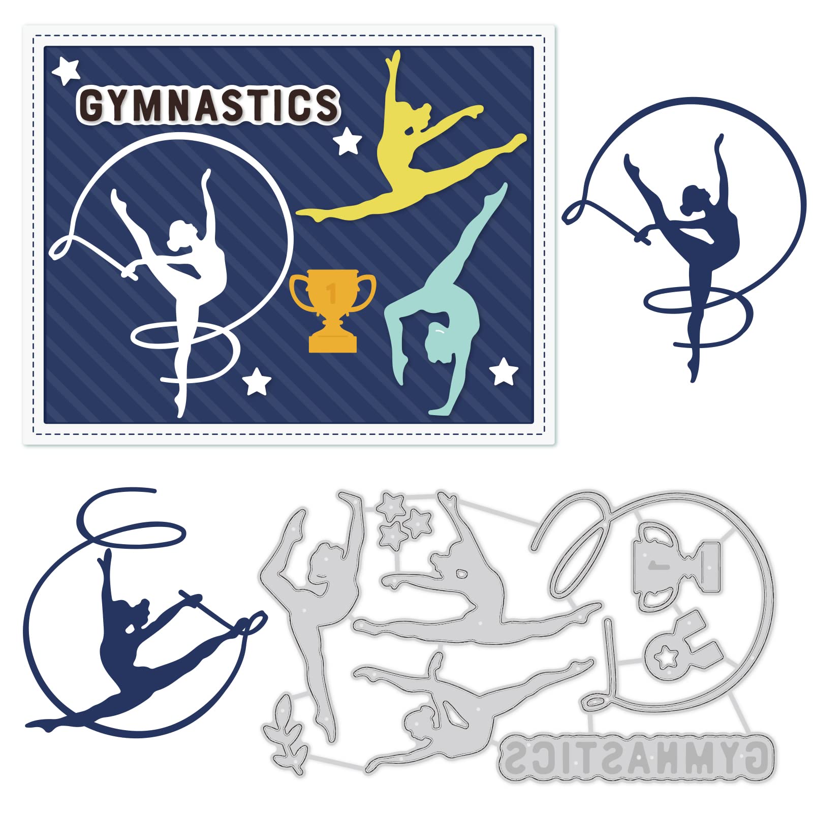 BENECREAT 13.5x7.7cm Gymnastics Metal Cutting Dies, Ribbons, Trophies, Stars Embossing Stencil Template for DIY Crafts Scrapbook Photo Album Decor Card Making(0.8mm Thick) — image 1