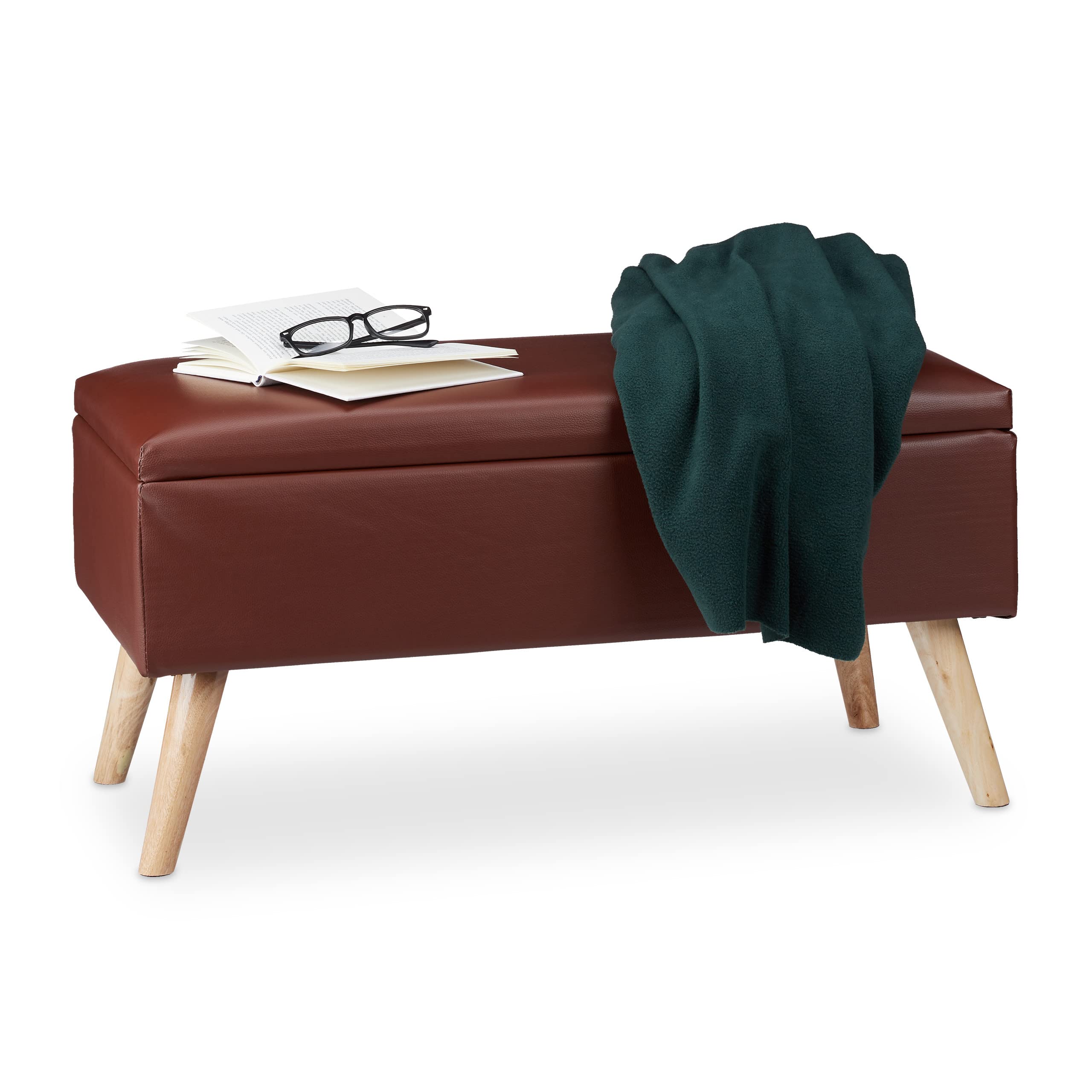 Relaxdays Hallway Storage Bench, 40L, Padded Faux Leather Trunk, Wooden Legs, HxWxD: 40 x 80 x 39.5 cm, Brown