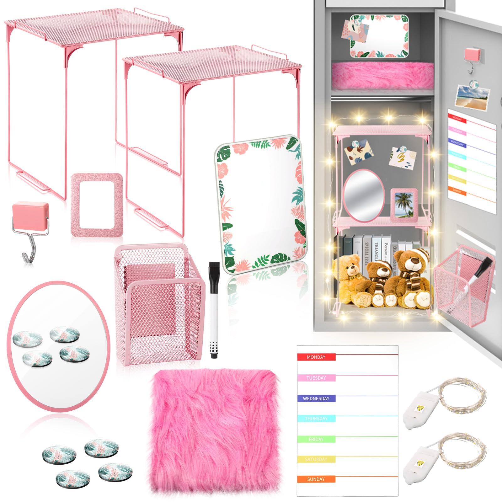 Photo 1 of Suzile 16 Pcs Pink Locker Accessories Kit Included Locker Organizer Shelf, Magnetic Whiteboard, Course Schedule, Rug, Magnetic Mirror, Pen Holder, Pen, Planner, Photo Frame, Clips, Light String