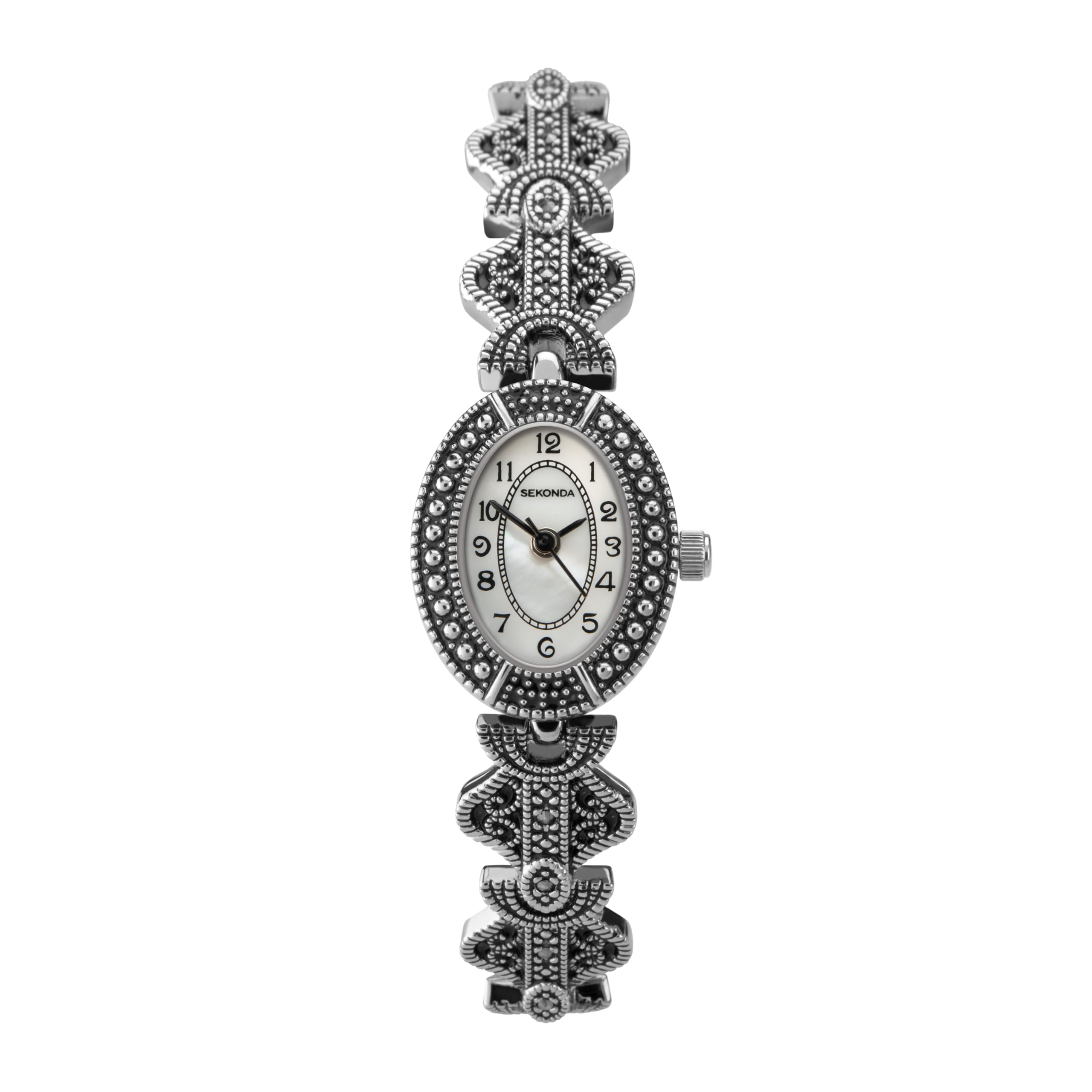 Sekonda 19mm Marcasite Vintage Style Ladies Analogue Bracelet Watch with Stone Set Oval Case and White Mother of Pearl Dial