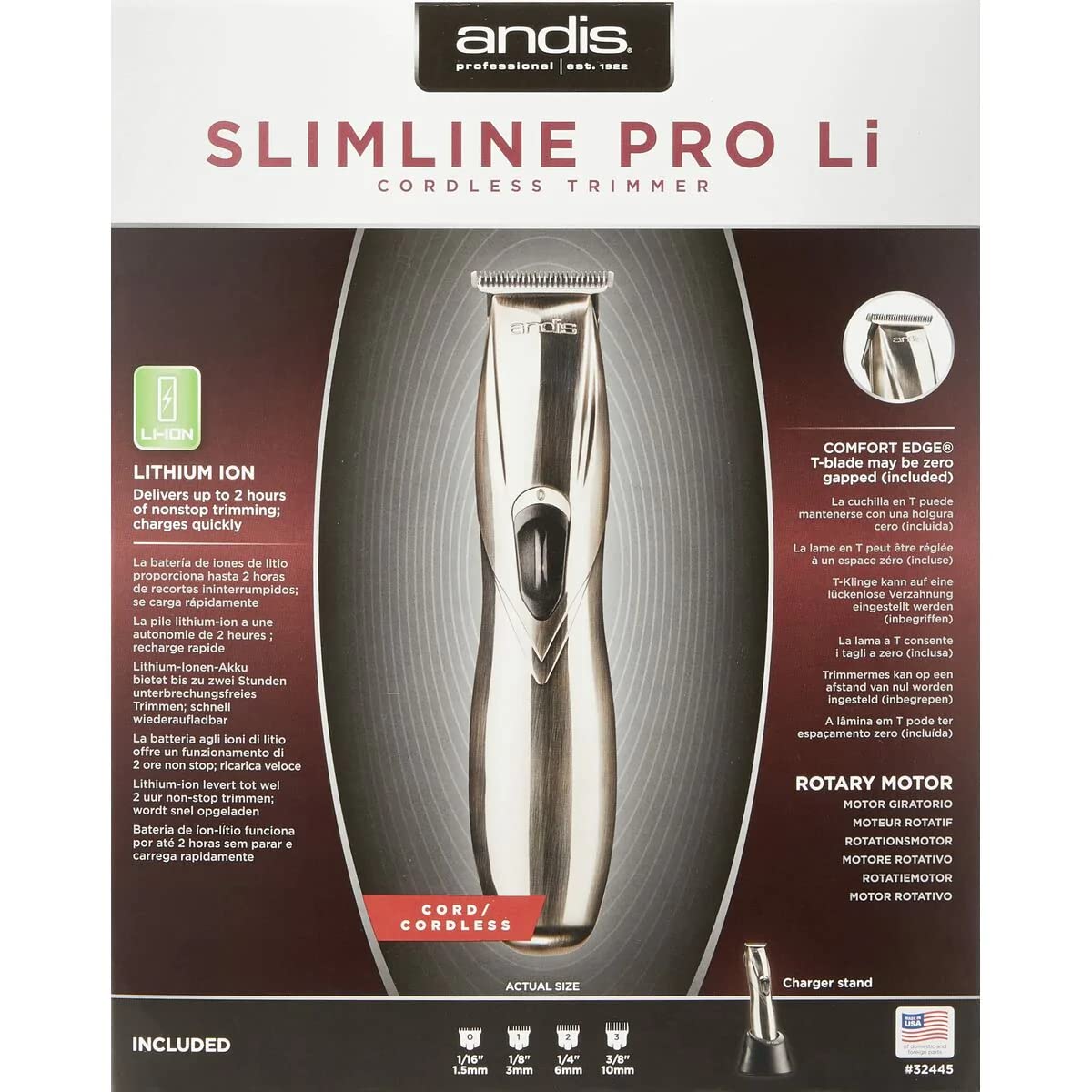 Andis - D-8, Slim-Line Pro Li Cord/Cordless Rechargeable T-Blade Trimmer - for Men/Women/Kids with Carbon Steel Blade, Bump Free Tech, Zero Cuts, Low Irritation & Li-ion Lithium Battery - 300g, Silver