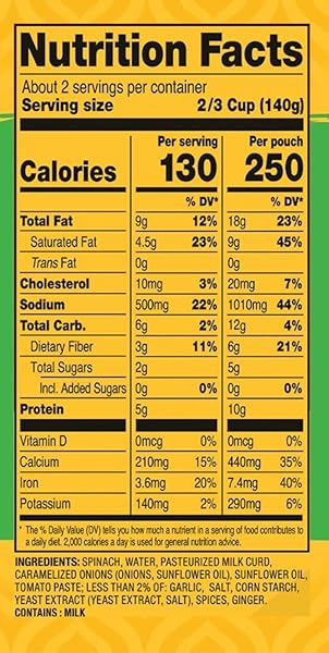 TASTY BITE KASHMIR SPINACH, READY TO EAT, 10 OUNCE, MICROWAVABLE ENTRÉE IN LIGHT CURRY SAUCE, VEGETARIAN