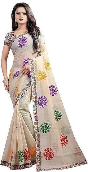 Womens Cotton Blend Embroidered Saree with Blouse Piece (Beige)