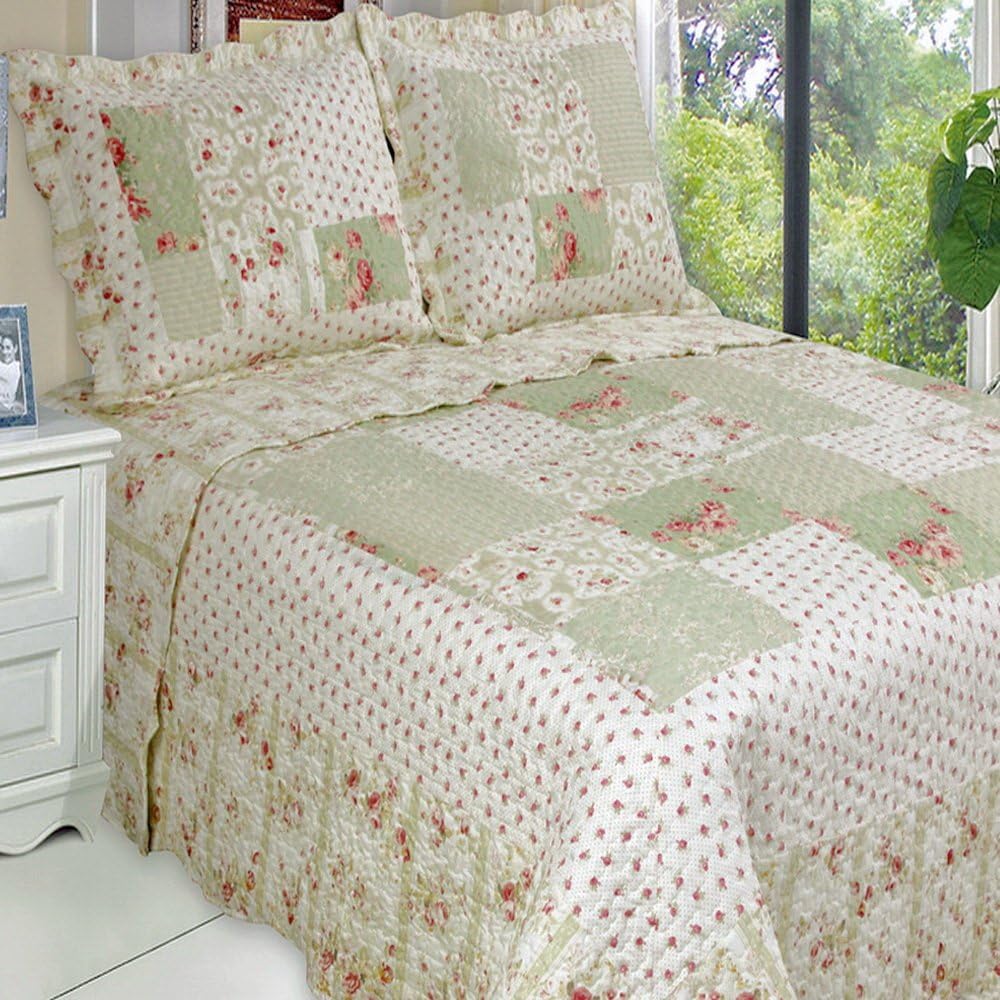 Finely Stitched 2-Piece Quilt Coverlet Set Twin XL/Twin Size (68x90), Vintage Plaid Floral Patchwork Pattern, Reversible Lightweight Bedroom Bedspread All Season, 1 Quilt +1 Pillow Sham, Green Cream