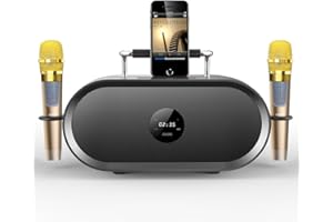 RHM K666 Karaoke Machine with Powerful & Clear Sound, 2 Wireless Microphones, Rechargeable Battery, 8 Hours Playtime, Support Bluetooth/AUX/USB/PC for Home, Party, Wedding, Picnic, Outdoors Activities