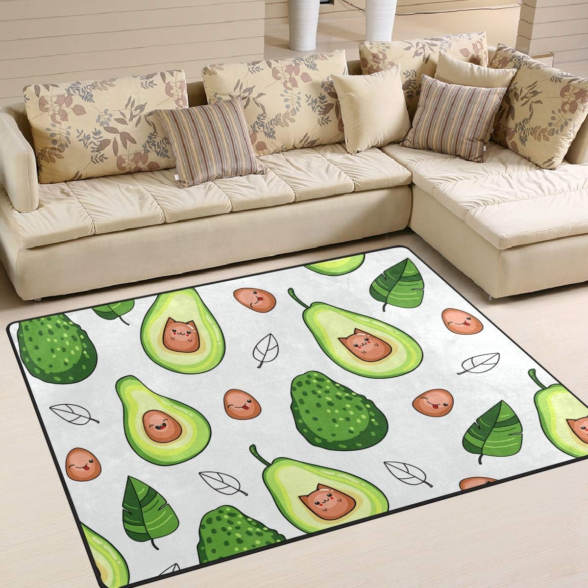ALINLO Cute Green Avocado Fruit Pattern Area Rug, Nonslip Carpet Floor Door Mat for Indoor