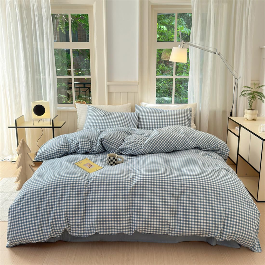 Ruccit Blue Gingham Duvet Cover Double 100% Washed Cotton White Plaid Grid Duvet Cover Set Double Bed Checkered Pattern 3PCS Quilt Cover Bedding Set with Zipper Closure Corner Ties,Soft,Breathable