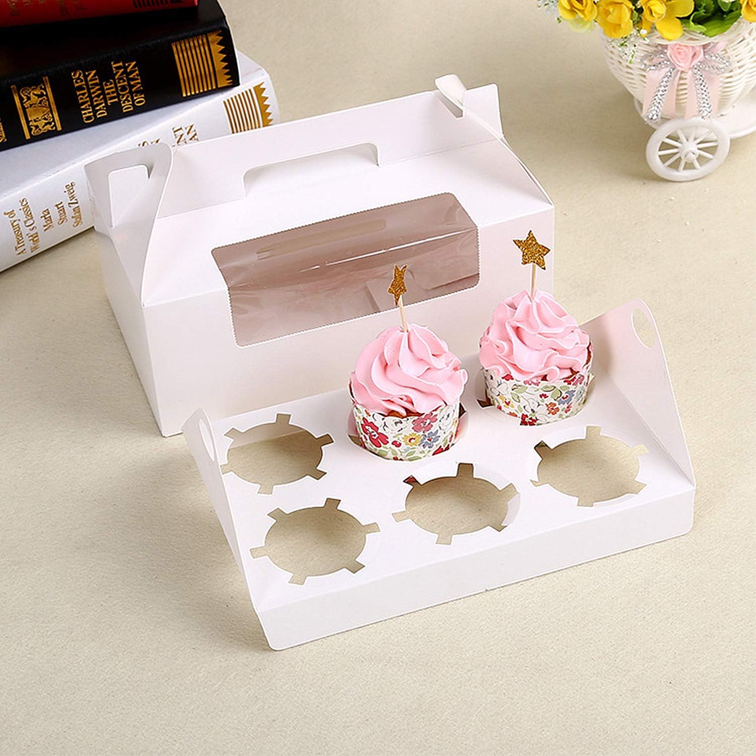 Cupcake Boxes 6 with Window, Vordas 12PCS Cupcake Boxes 6 Hole with Inserts and Handle, Ideal