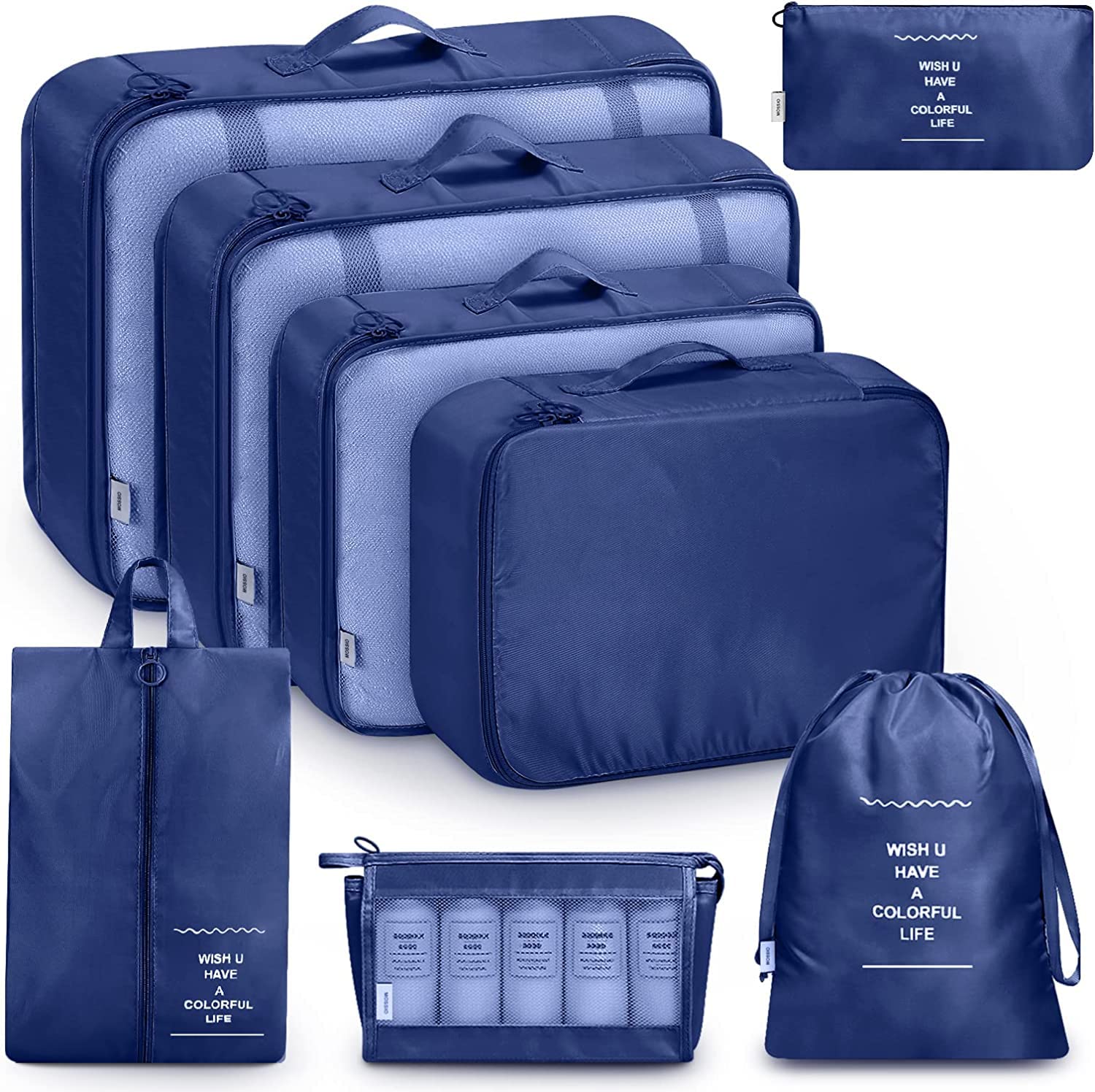 CUQOO 8pc Packing Cubes for Suitcases in Navy - Lightweight Suitcase Organiser Bags Set with Mesh Top, Waterproof Packing Cubes, Strong Travel Bags Organiser Travel Essentials for Flying