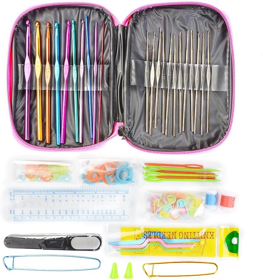 Deallink 58Pcs Crochet Hooks Sets Aluminum Handle Multicolor Multi-size Crochet Hook 11 Different Accessories with PU Case