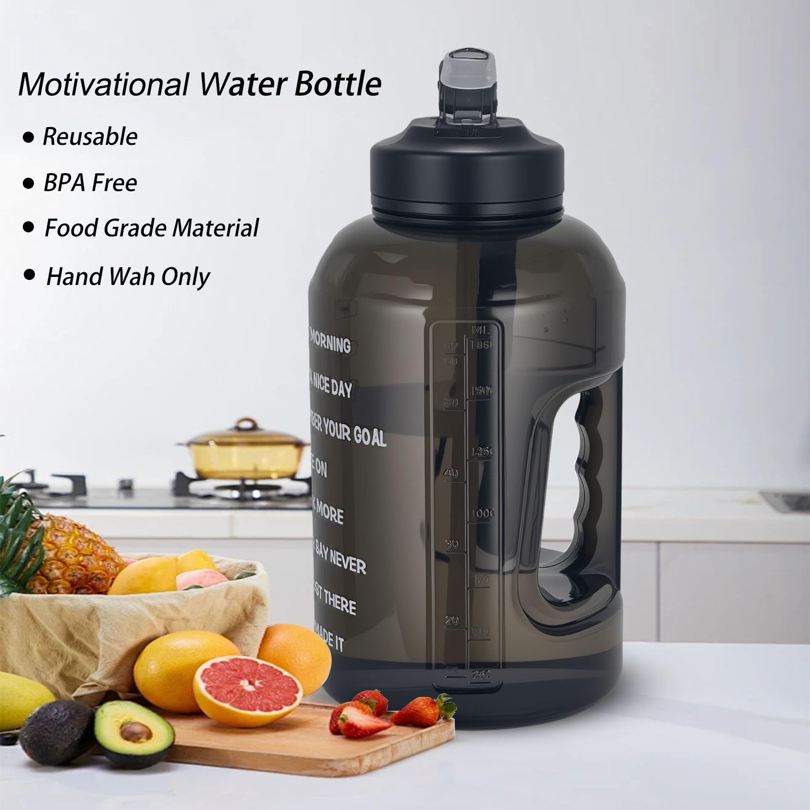 2.2 L Große Motivations-Trinkflasche mit Trinkhalm & Zeitmarkierungen - BPA-frei, auslaufsicher - Täglicher Hydrations-Tracker für Fitnessstudio, Büro, Zuhause & Reisen (Schwarz, 74 oz) (Black) 6
