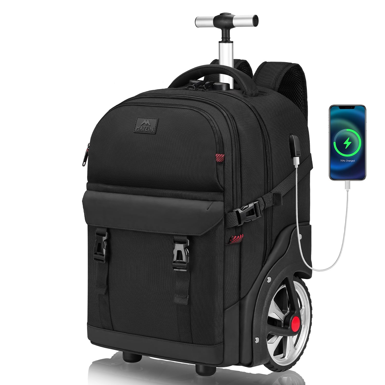 MATEIN Rolling Backpack for Men with Wheels, 17 Inch Large Wheeled Backpack with USB Charging Port & Combination Lock, Water Resistant Anti Theft Travel Laptop Backpack for Adults Work Business, Black